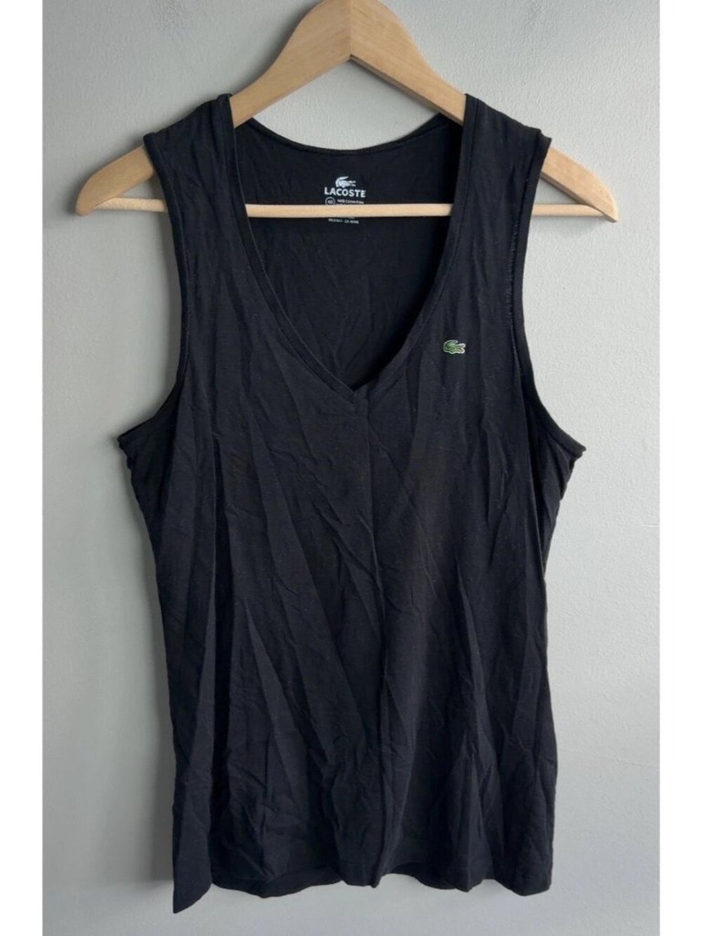 Lacoste Black V-Neck Tank Top Sleeveless Pima Cotton Shirt Size 40 Women’s